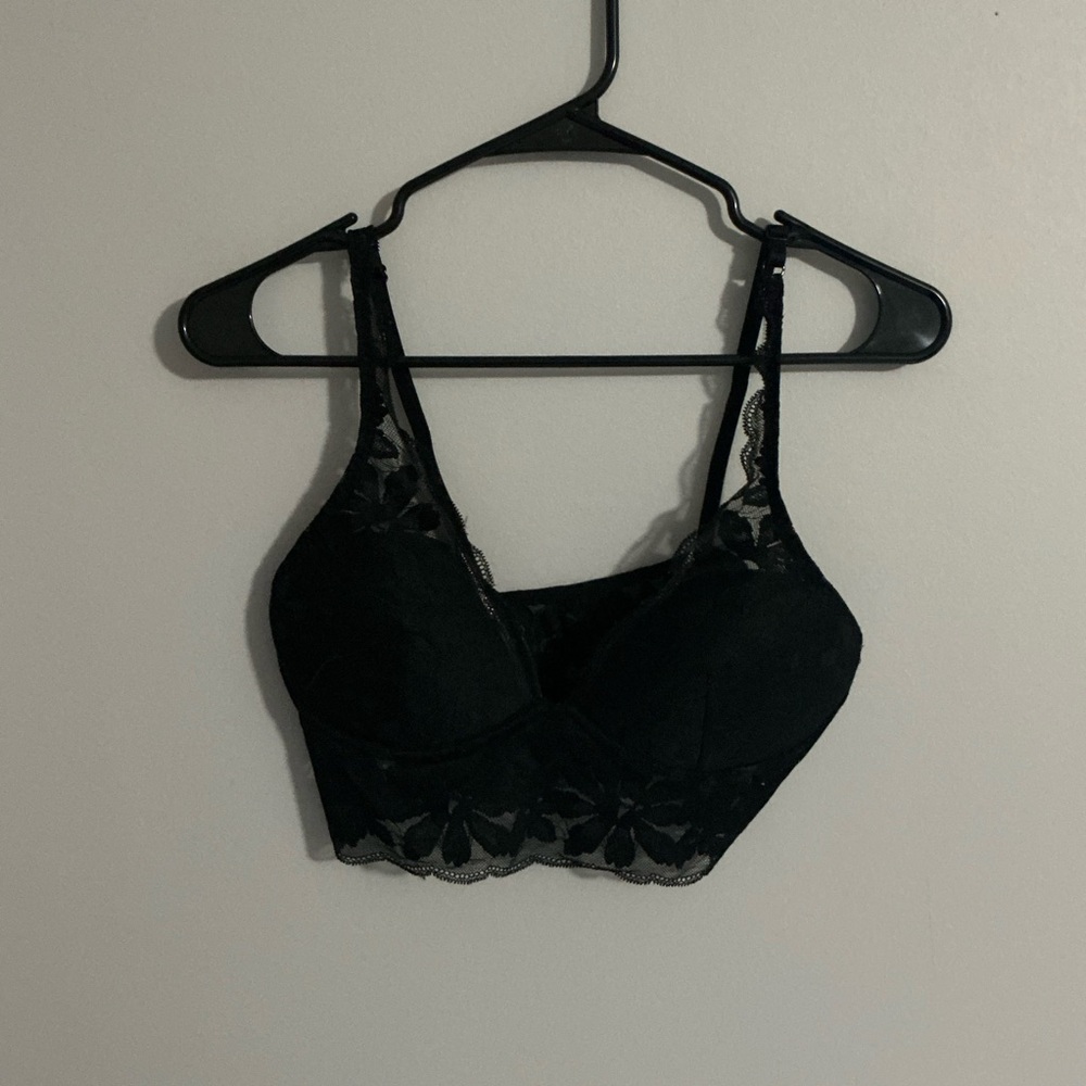 PINK Black Lace Longline Bralette Strappy Floral | Size Tag Missing
